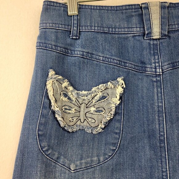 Style J Womens Denim Skirt Butterfly Pocket Embroidery Frayed Hem Y2K Sz30 Large - Picture 4 of 10